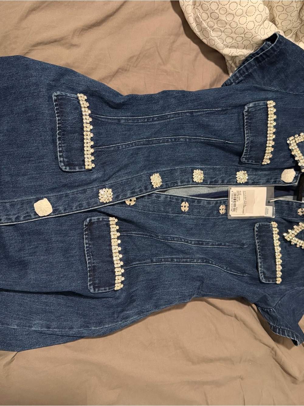 Self-Portrait Dark Blue Denim Jacket with Pearl Embellishments